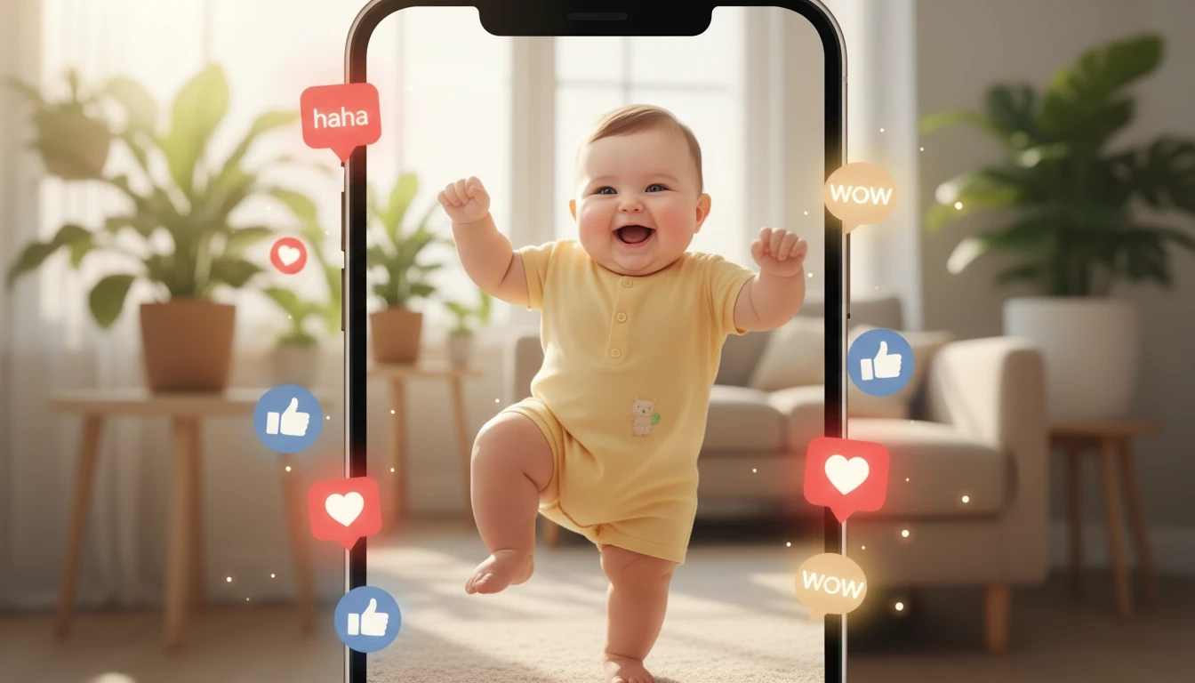 un bébé mignon qui danse avec des icônes de likes et de commentaires